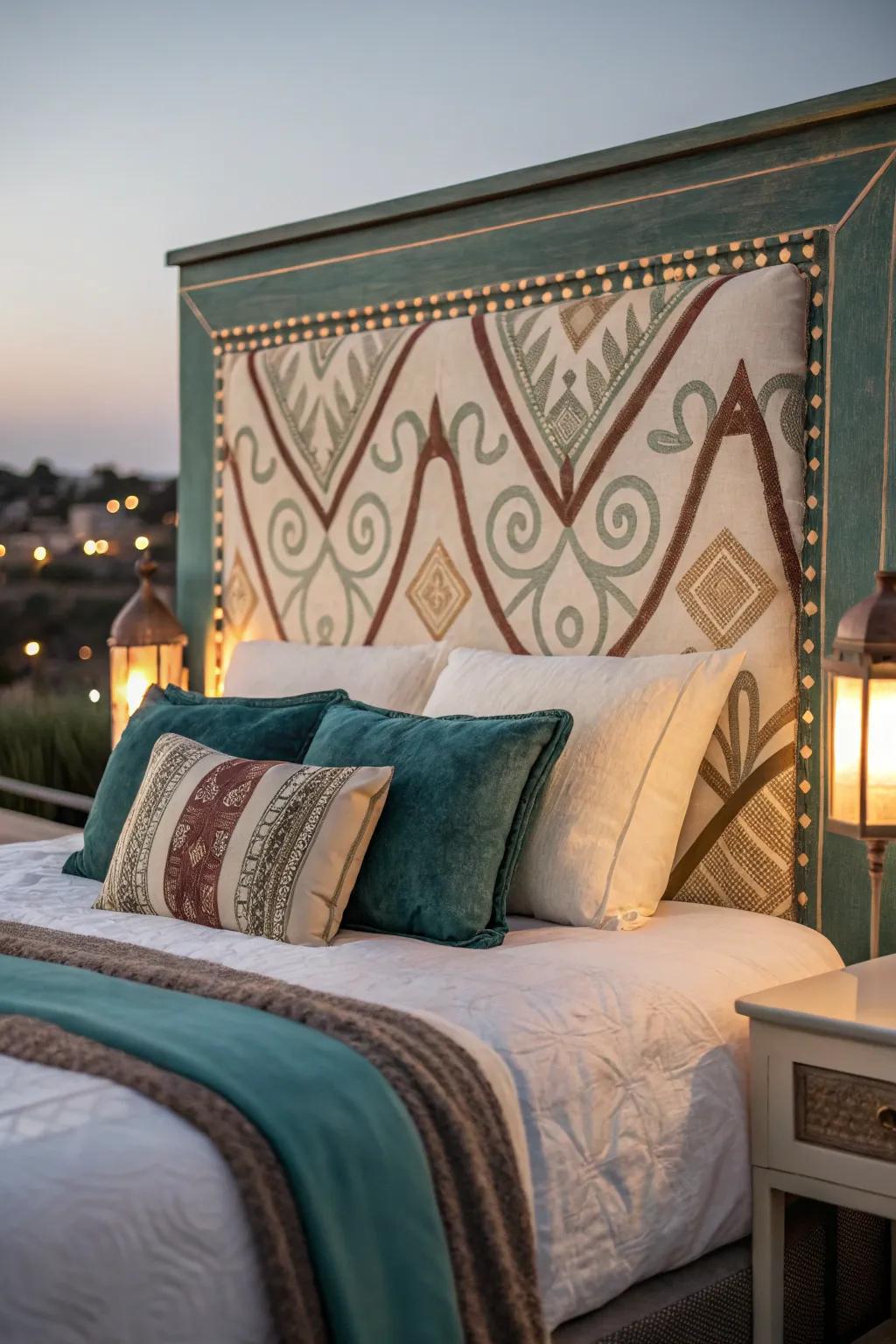 Add depth to your decor with a painted headboard featuring textured patterns.