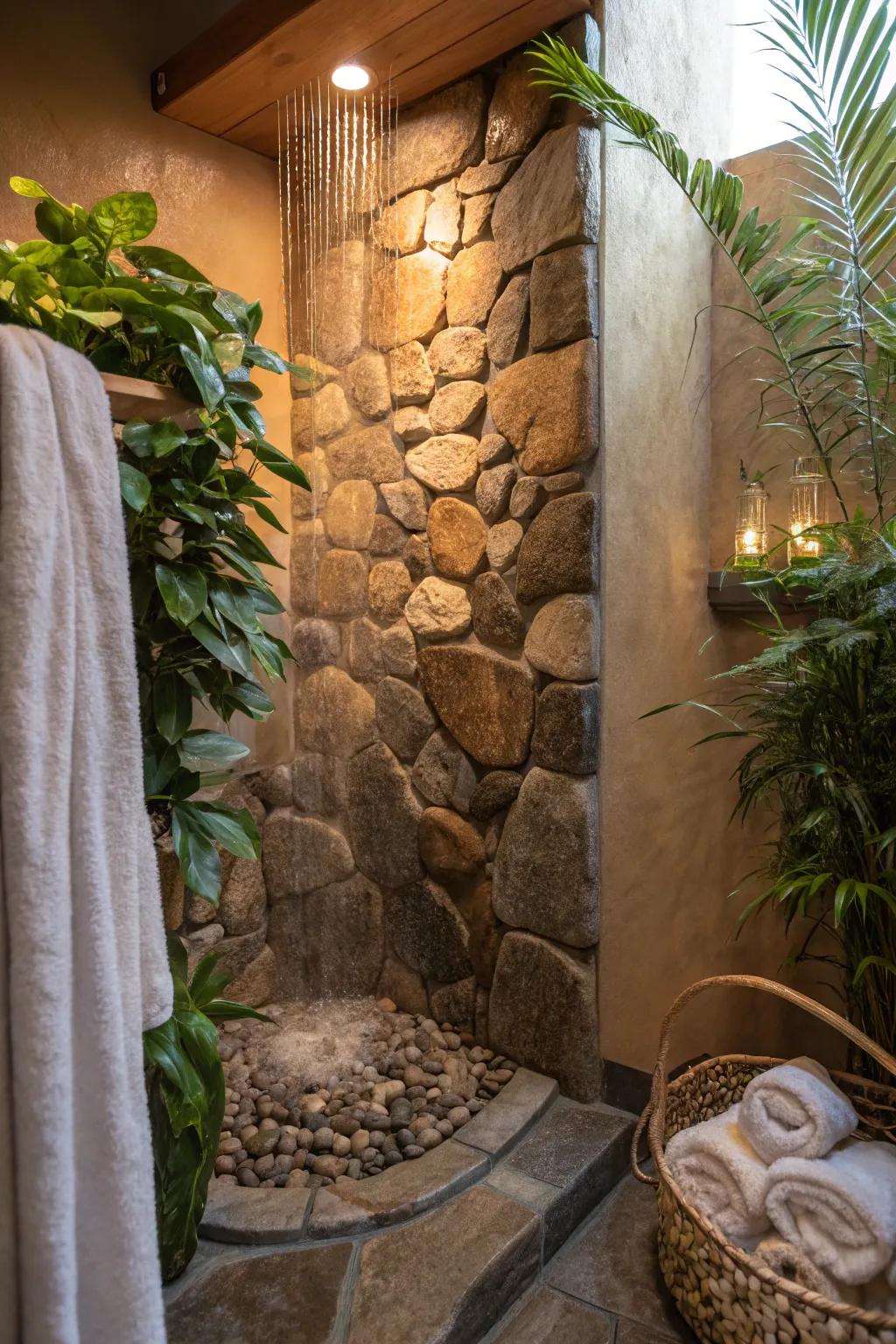 Create an engaging sensory experience with the dynamic touch of textured stones. #InteriorDesign #ElegantBathrooms