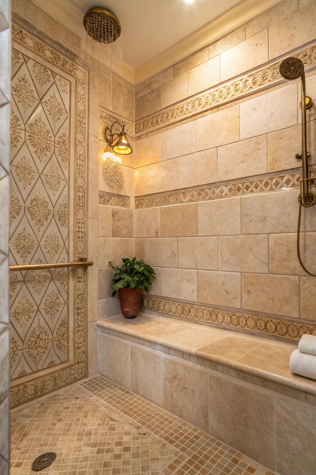 Add visual intrigue to your shower with textured tiles that captivate and soothe. #TileArt #InteriorDesign