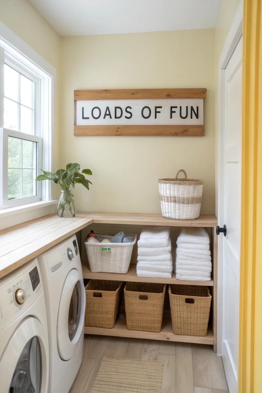 Make chores fun with quirky signs that add personality to your laundry room. 🧺 #LaundryRoom #HomeHumor #DecorInspiration