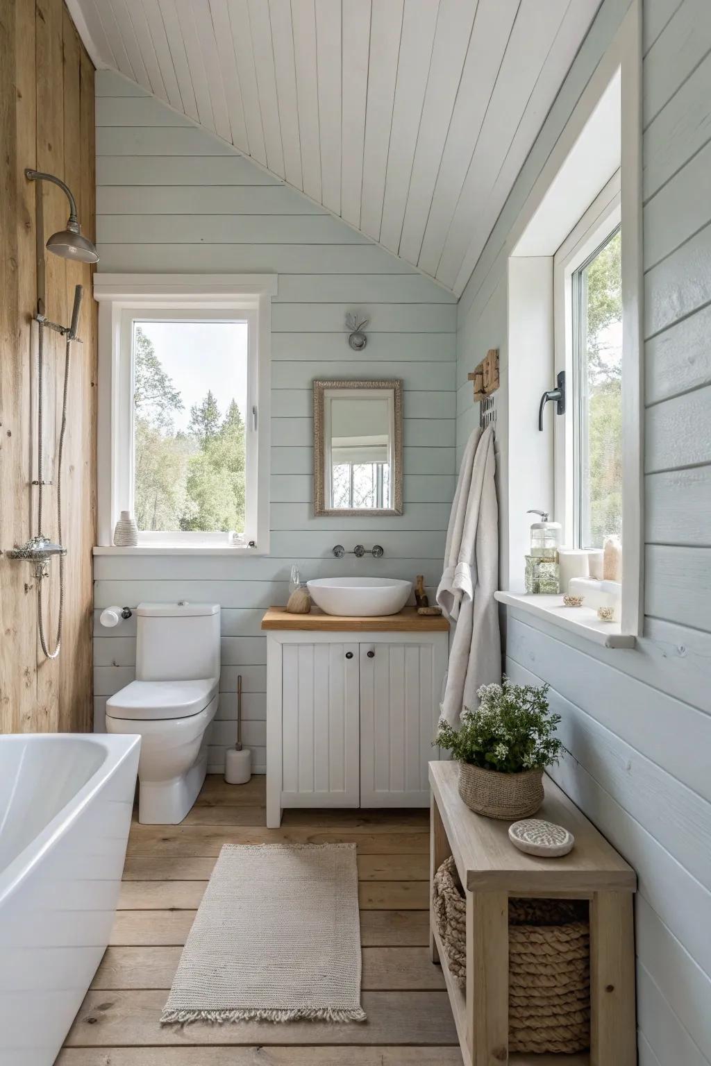 Crisp white fixtures stand out against soothing sea salt walls. 🛁