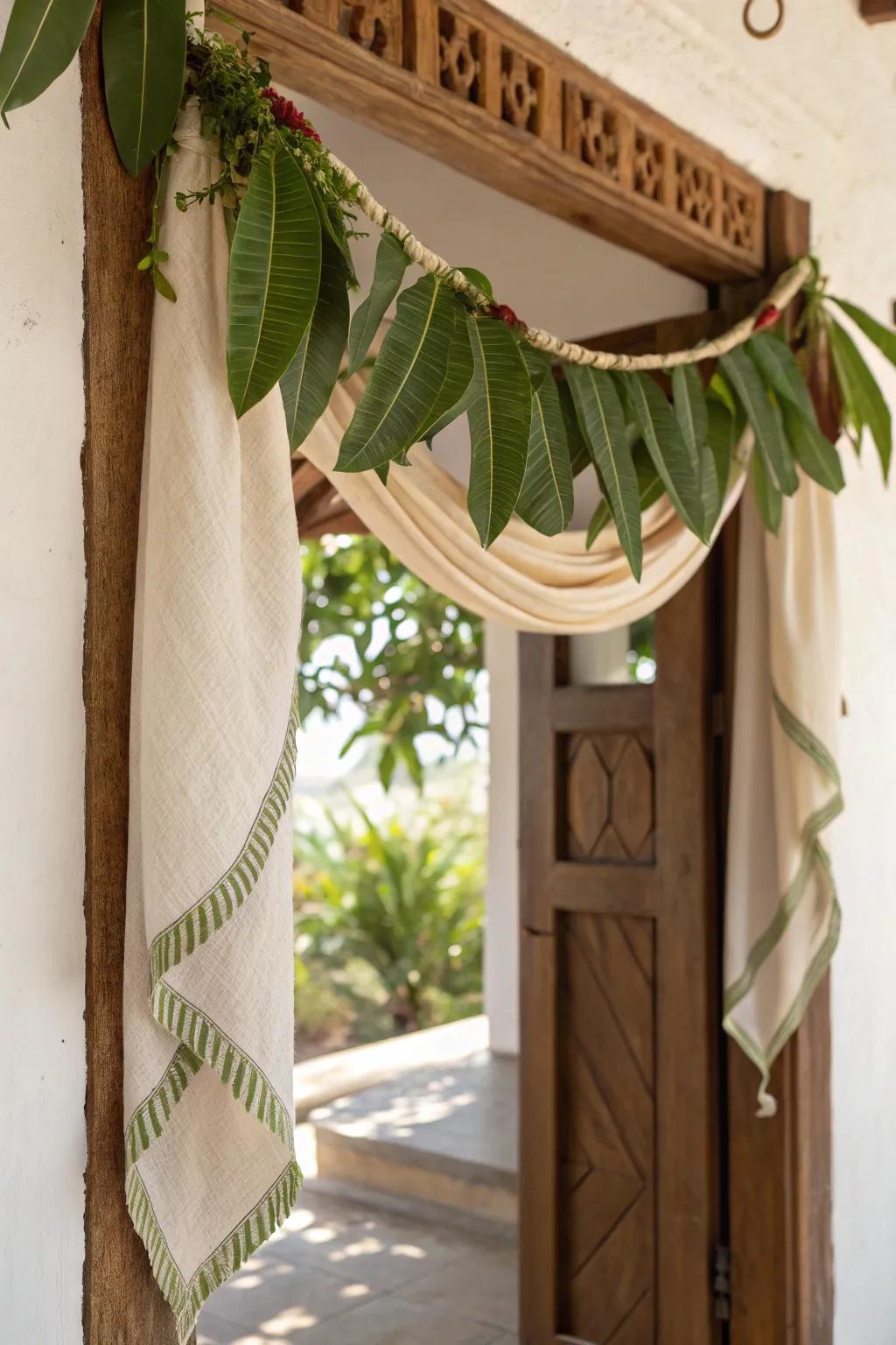 Enhance the sacred ambiance with a mango leaf toran, inviting good fortune to your home. 🍃 #Toran #GoodFortune