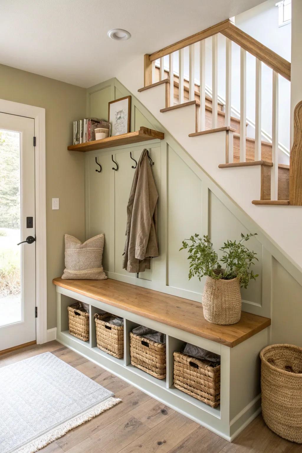 Transform your under-stair space into a chic and functional mudroom, making the most of every inch. 🏡✨ #SmartDesign #SpaceOptimization