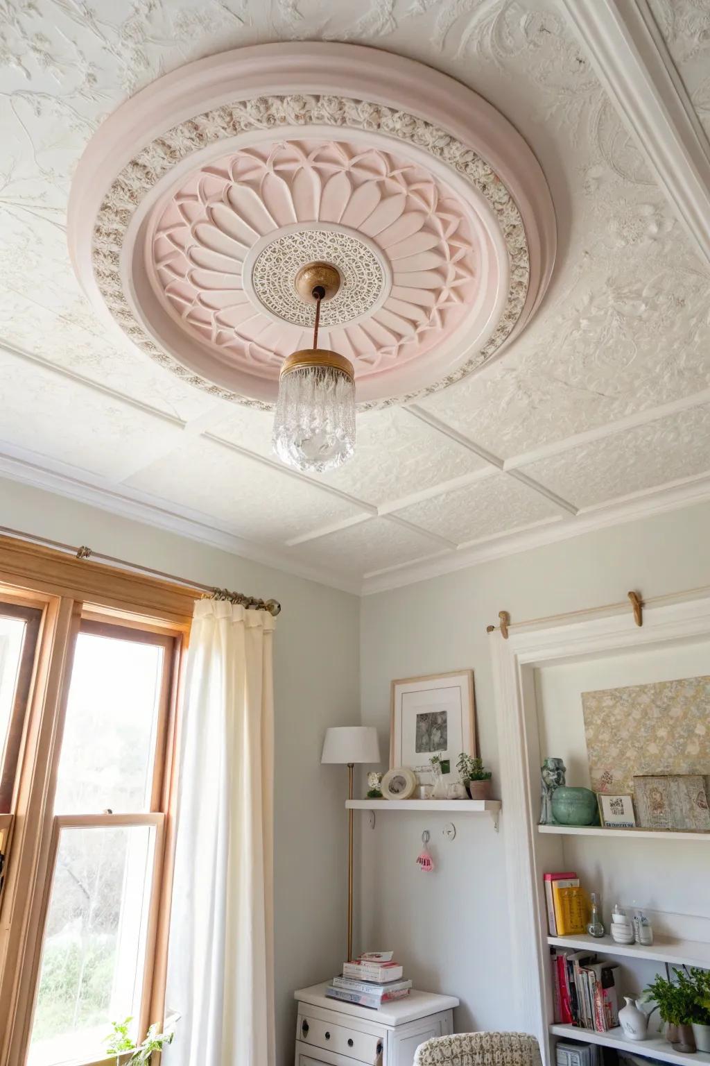 Chic ceiling medallions with stacked molding create a playful yet elegant touch. 🎨 #CeilingDesign #CreativeSpaces #HomeDecor