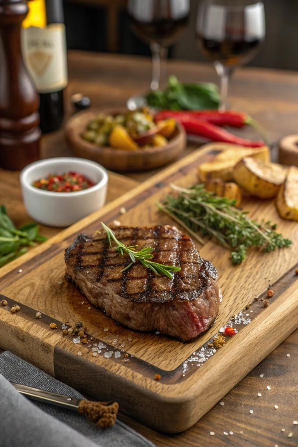 Create a cozy, rustic atmosphere with a wooden board that complements your steak spread. #RusticCharm #NaturalAesthetics