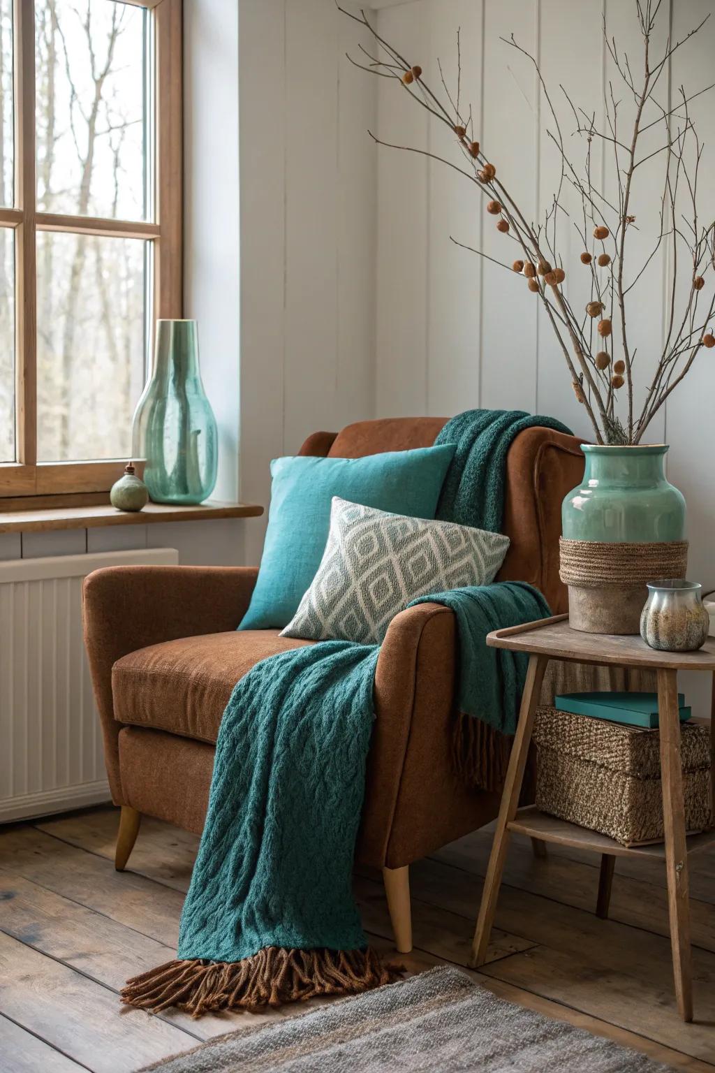 Soft textiles in teal and brown add a touch of luxury and warmth. #CushionStyle #CozyLiving