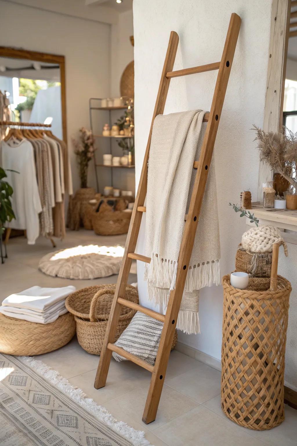 Transform unexpected thrifted finds into functional decor like this ladder blanket rack.
