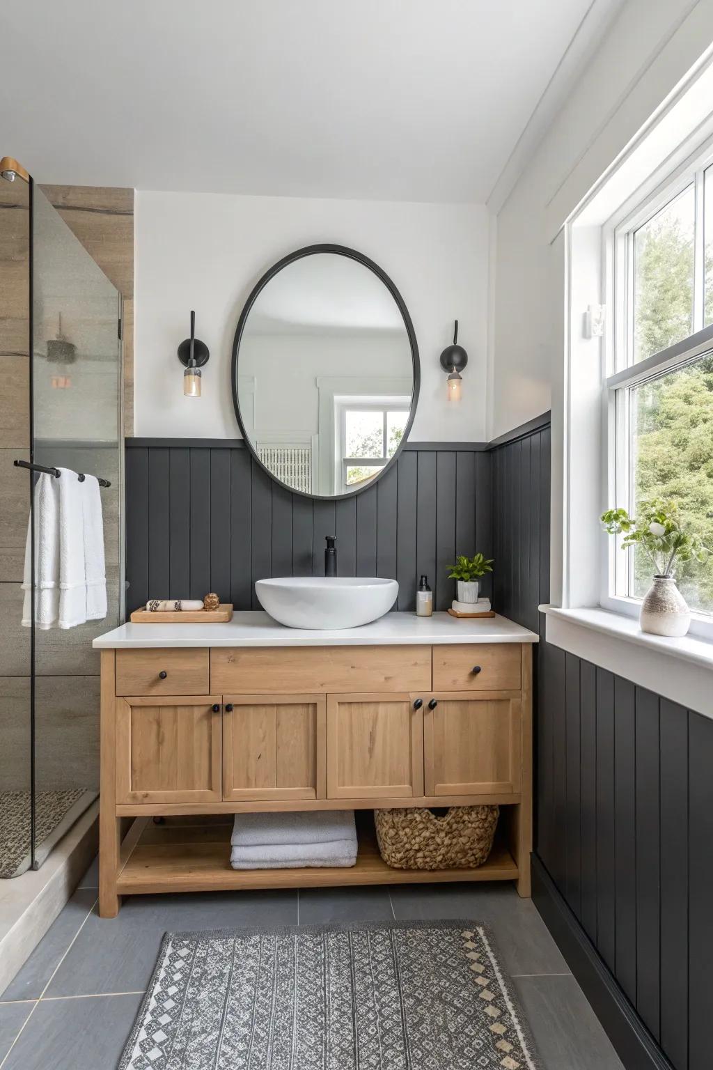 Create drama in your bathroom with a moody charcoal and white wainscoting scheme. 🖤 #BathroomDesign #MoodyInteriors #ModernContrast