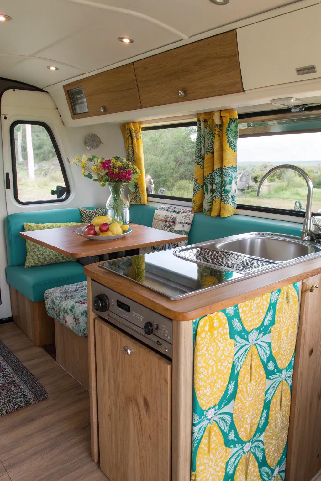 Versatile removable countertops transform your van kitchen on the go.