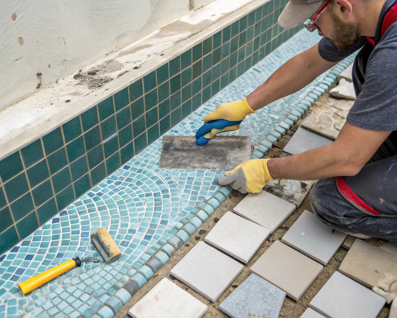 Grouting brings the mosaic design to life, ensuring a smooth and polished finish.